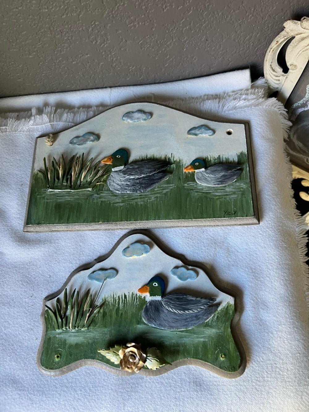 Hand-Painted Duck Wall Plaques in Green and Blue